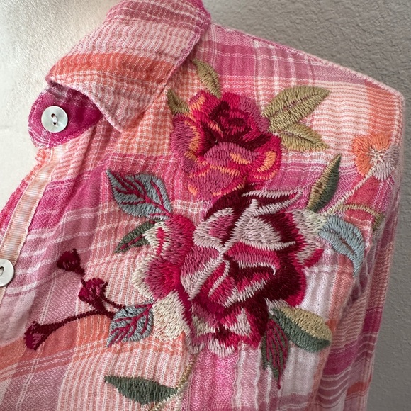 Johnny Was Pink Plaid Floral Embroidered Shirt - Picture 5 of 7
